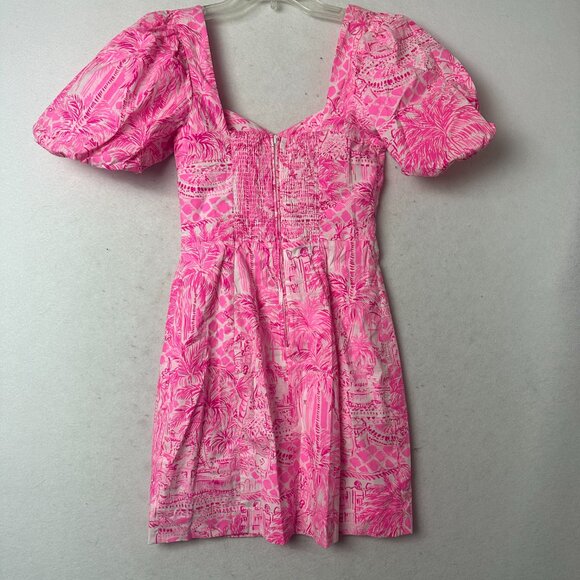 Lilly Pulitzer Dress Womens 0 Pink Merian Palm Leaf Summer Puff Sleeve - Picture 3 of 8